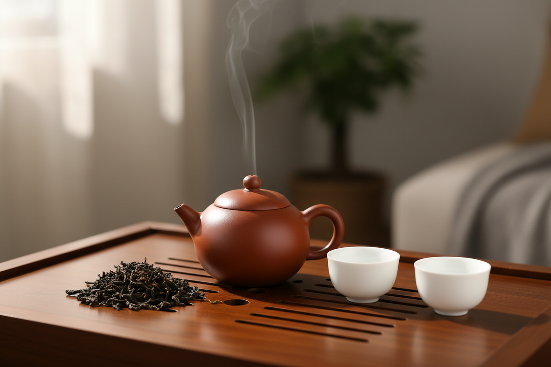 Yixing Teekanne aus Ton mit Oolong-Tee und kleinen Teetassen