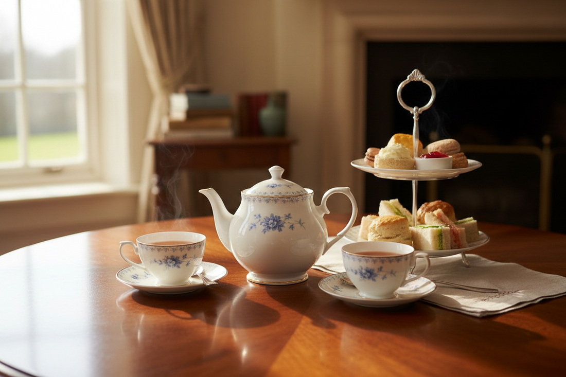 Englisches Teeservice mit Porzellan-Teekanne, Tassen und Afternoon Tea