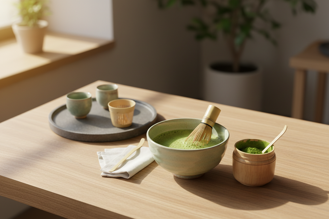 Matcha Tee Zubereitung mit Schale, Bambusbesen und Matcha-Pulver