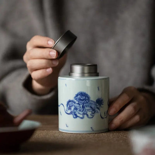 Chinesische Premium-Keramik-Teedose in Weiß und Blau