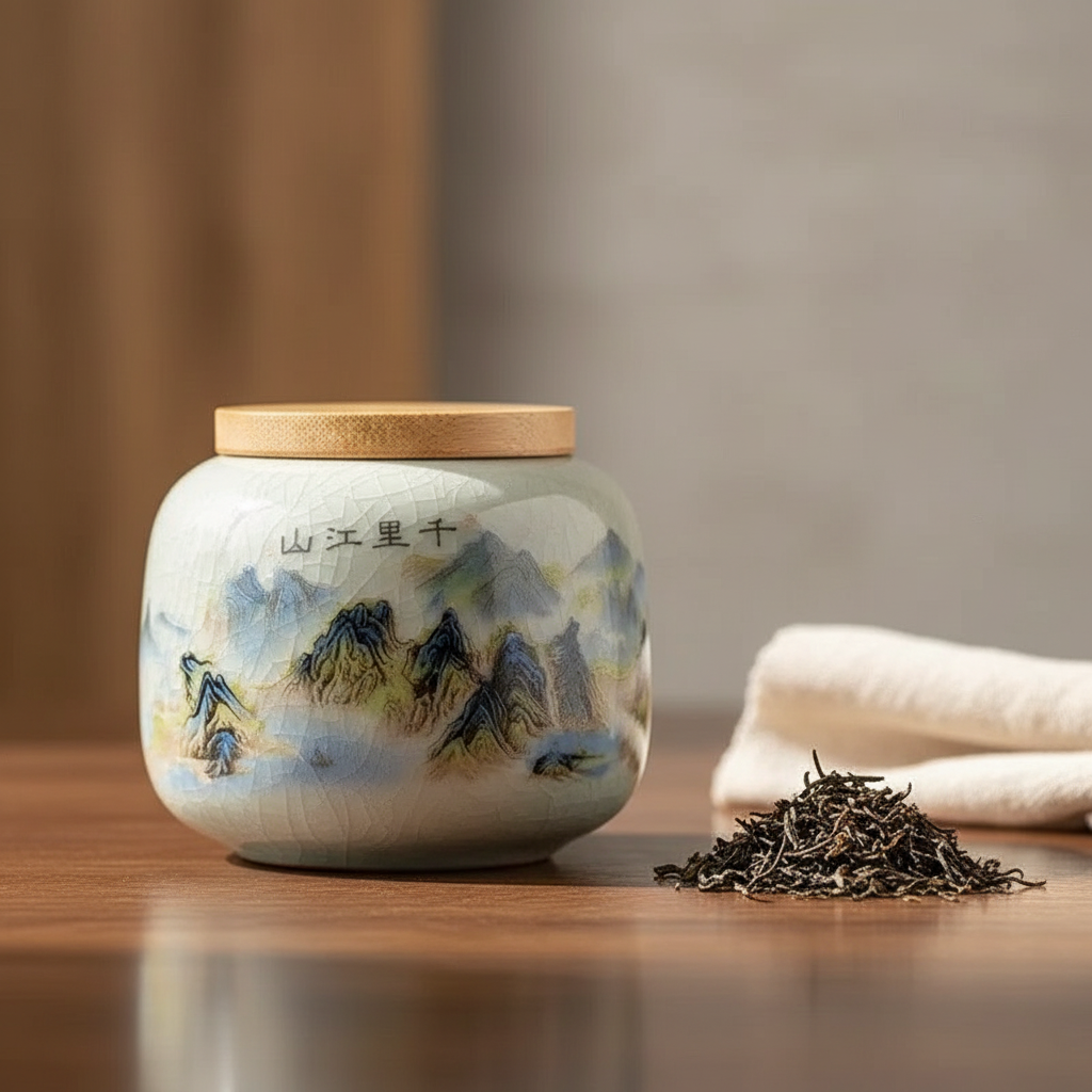 Chinesisches Keramik-Teedose in elegant setting