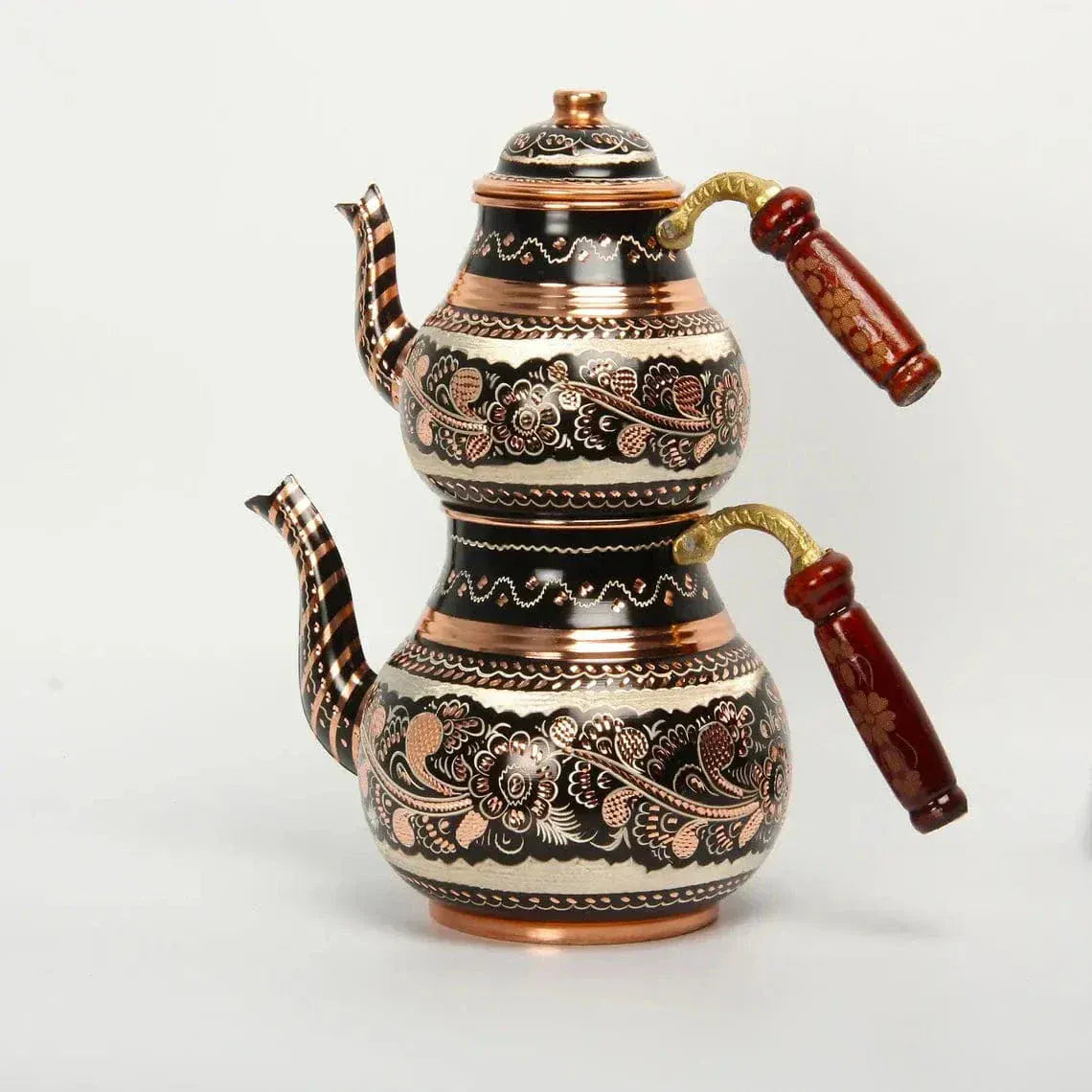 Doppelstöckige Türkische Teekanne aus Kupfer mit Blumenmustern