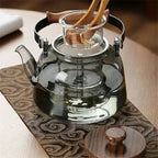 Glas-Teekanne mit Holz, Grau Transparent 900ml