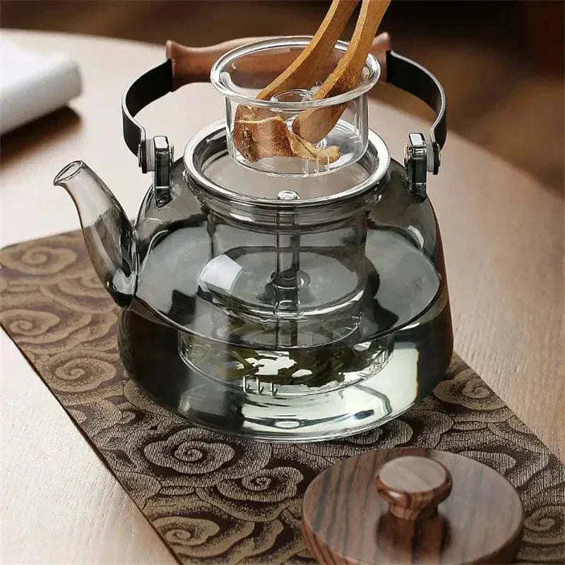 Glas-Teekanne mit Holz, Grau Transparent 900ml