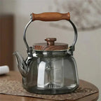 Glas-Teekanne mit Holz, Grau Transparent 900ml