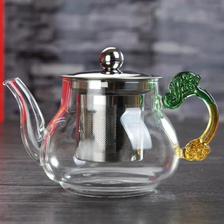 Glasteekanne mit grünem und gelbem Griff 350ML