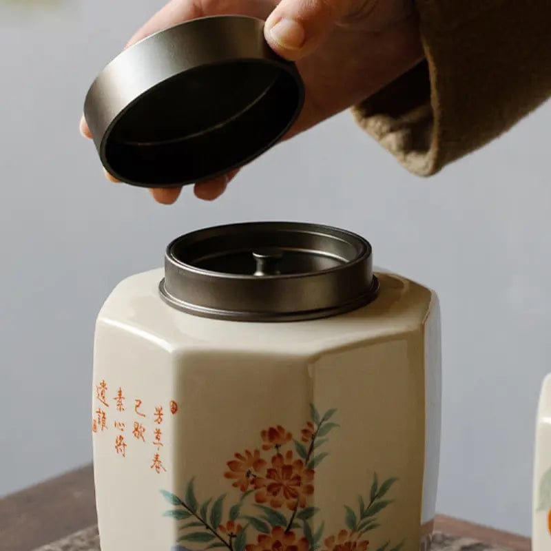 Hochwertige Keramik-Teedose mit Blumenmalerei 1000ml