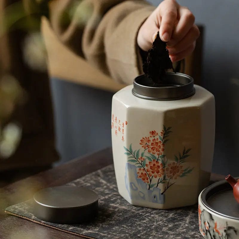 Hochwertige Keramik-Teedose mit Blumenmalerei 1000ml