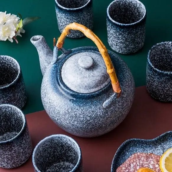 Japanische Teekanne aus grauer Keramik, Bambus, 500 ml