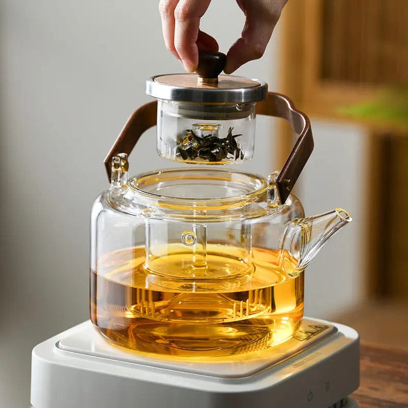 Premium Chinesische Glasteekanne mit Holzgriff 1,3L