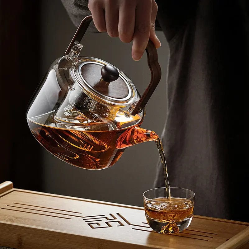 Premium Chinesische Glasteekanne mit Holzgriff 1,3L