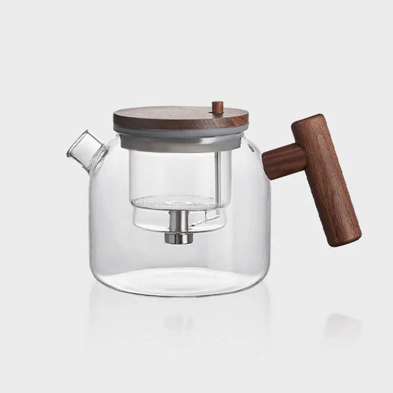 Runde Glas-Teekanne mit Holzgriff und Infuser-Knopf 700ml