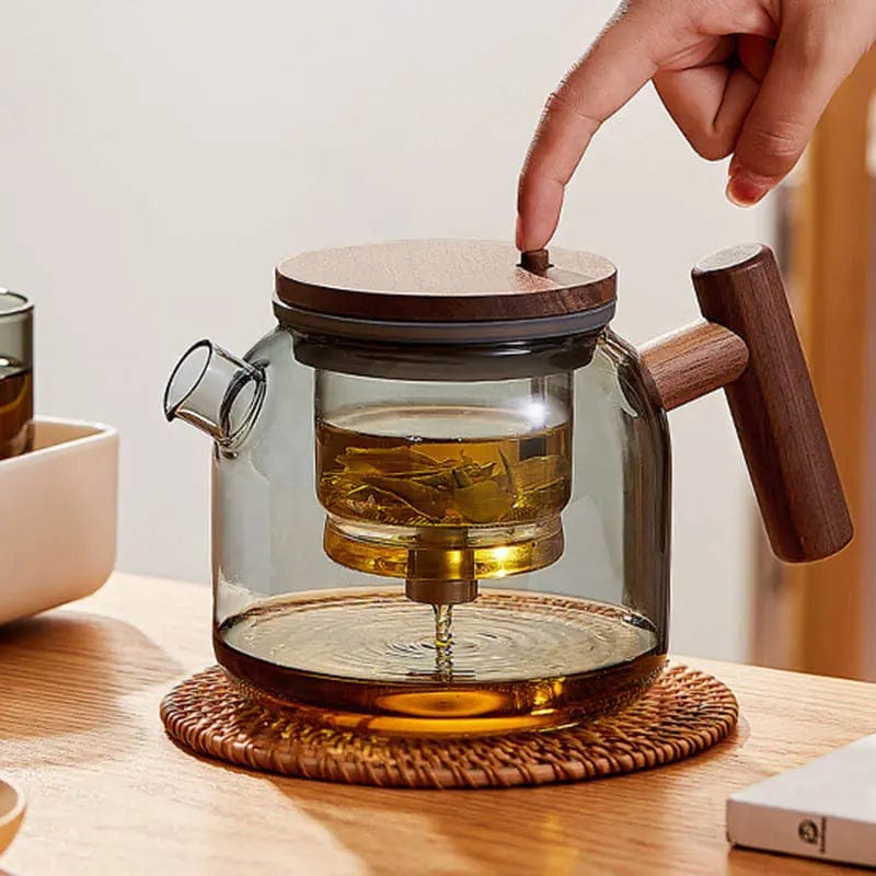 Runde Glas-Teekanne mit Holzgriff und Infuser-Knopf 700ml