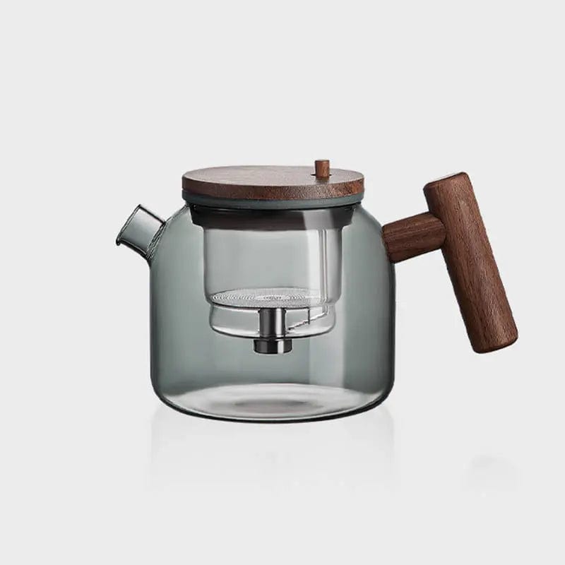Runde Glas-Teekanne mit Holzgriff und Infuser-Knopf 700ml