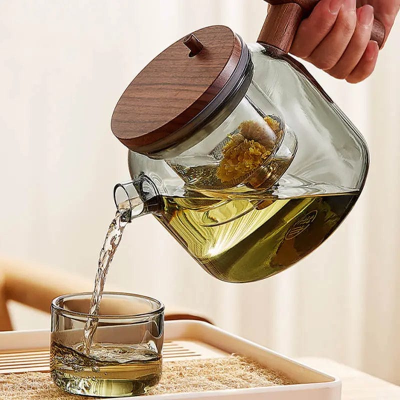 Runde Glas-Teekanne mit Holzgriff und Infuser-Knopf 700ml