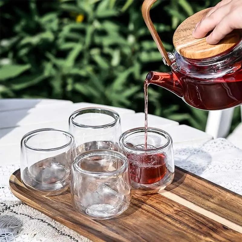 Skandinavisches Teeservice aus Glas und Akazienholz 600ML