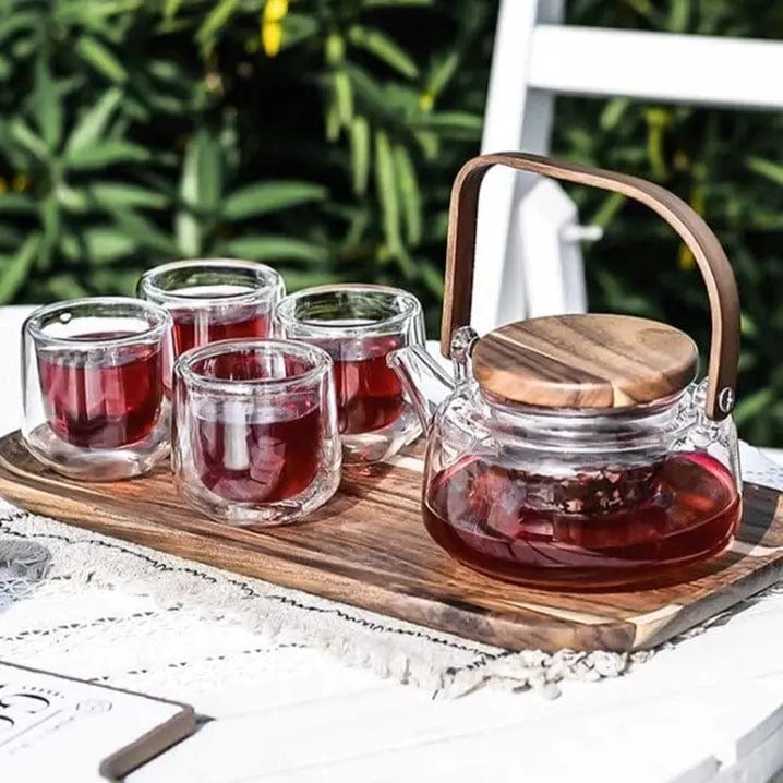 Skandinavisches Teeservice aus Glas und Akazienholz 600ML
