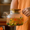 Teekanne aus Glas mit goldenem Deckel und Blumenmuster 1L - 1.7L