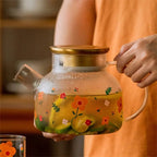 Teekanne aus Glas mit goldenem Deckel und Blumenmuster 1L - 1.7L