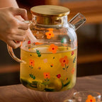 Teekanne aus Glas mit goldenem Deckel und Blumenmuster 1L - 1.7L