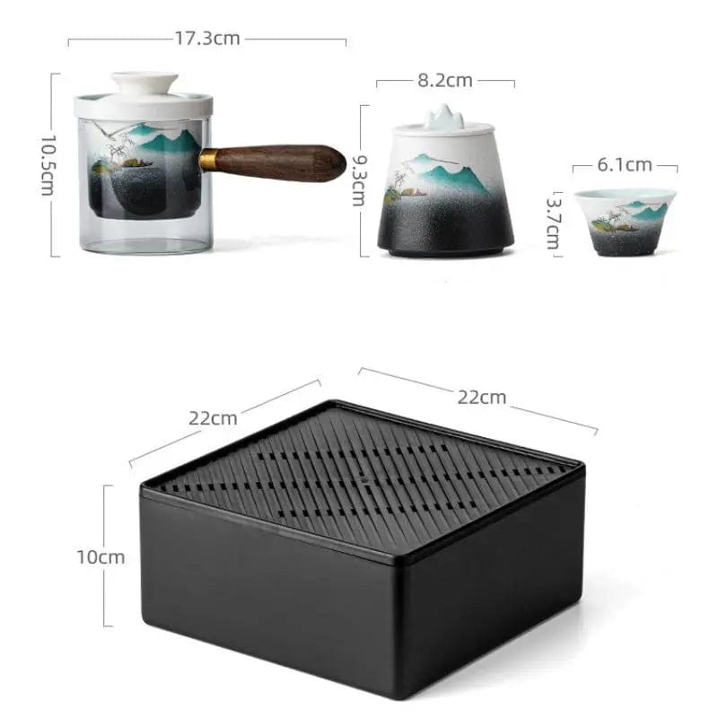 Tragbares japanisches Teeservice aus Keramik mit Bergmotiven