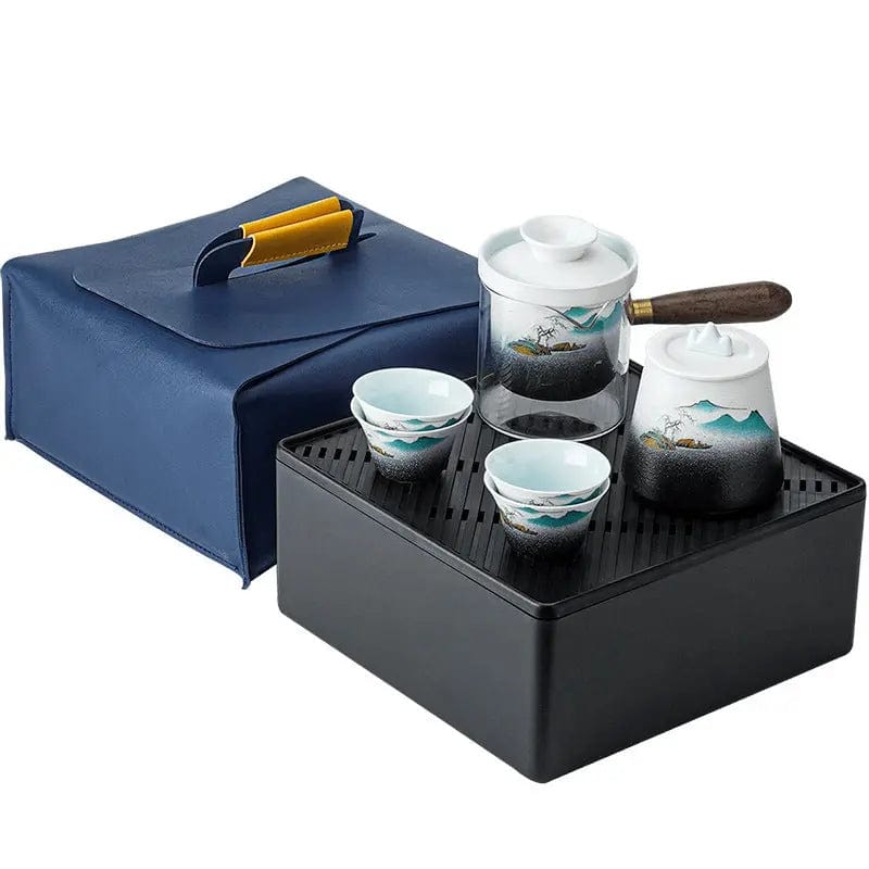 Tragbares japanisches Teeservice aus Keramik mit Bergmotiven