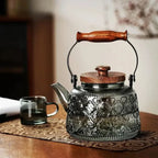 Transparente geprägte Glas-Teekanne mit grauem Holz 900ml