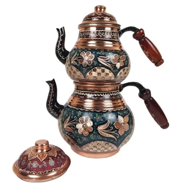 Türkische Kupfer-Teekanne mit Blumen, doppelstöckig