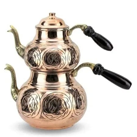 Türkische Teekanne doppelstöckig aus Kupfer mit schwarzem Griff