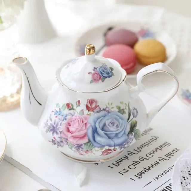 Weiße englische Teekanne aus Porzellan, Rosa-Blau, 500 ml